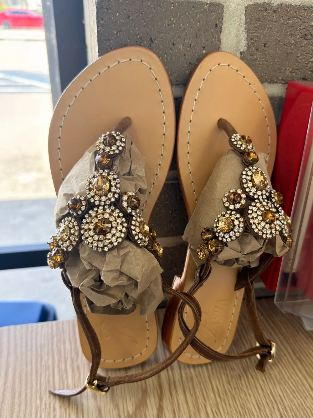 Pasha & Jo Taupe Jeweled Thong Sandals with Amber Crystals - Picture 6 of 6